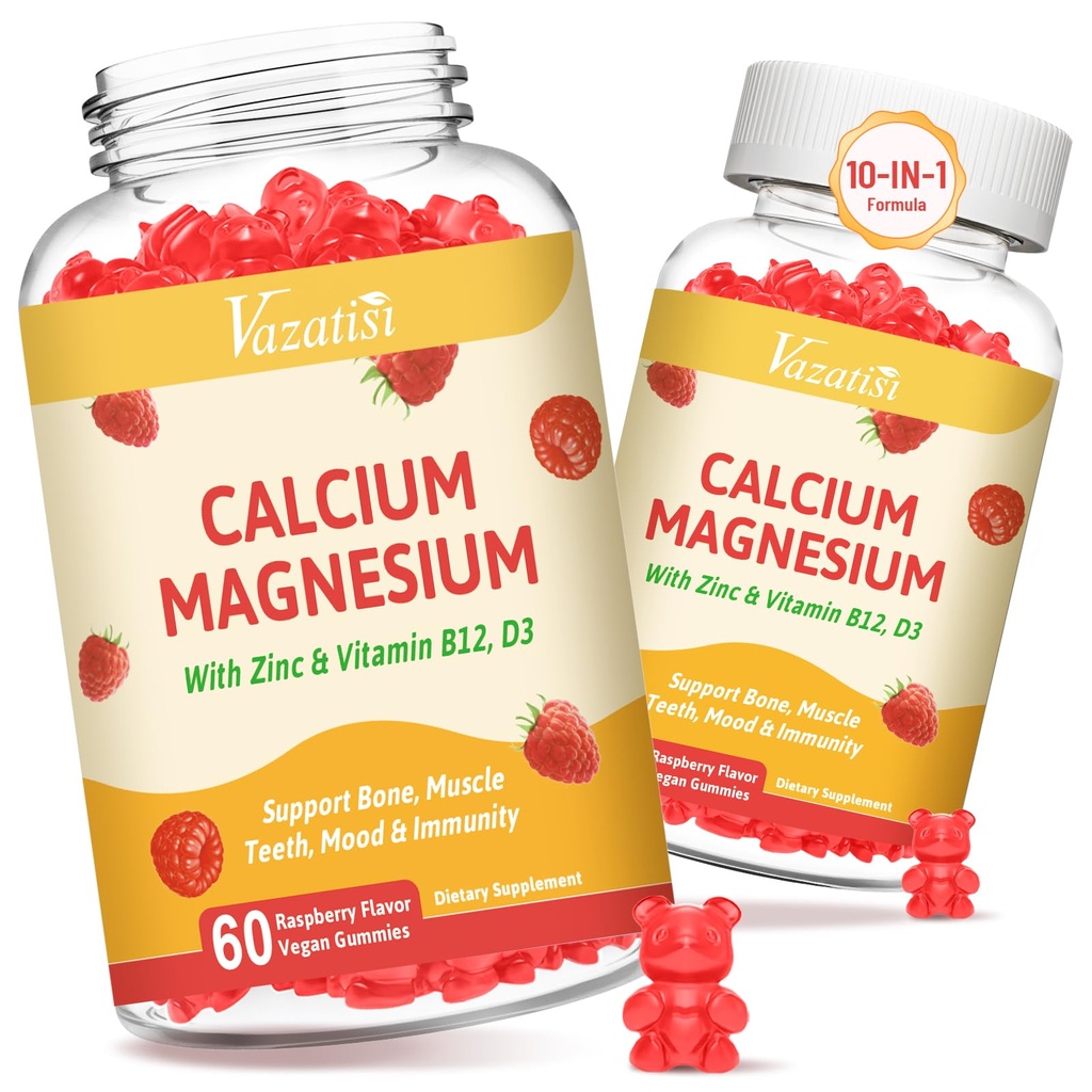 2 Pack kalcijevih žvečilnih gumijev z magnezijem, cink, vitamin D3 & B12, kalcij dopolnila za ženske moške, podpora kosti, mišice in imunitete, 120 Vegan malina okusi