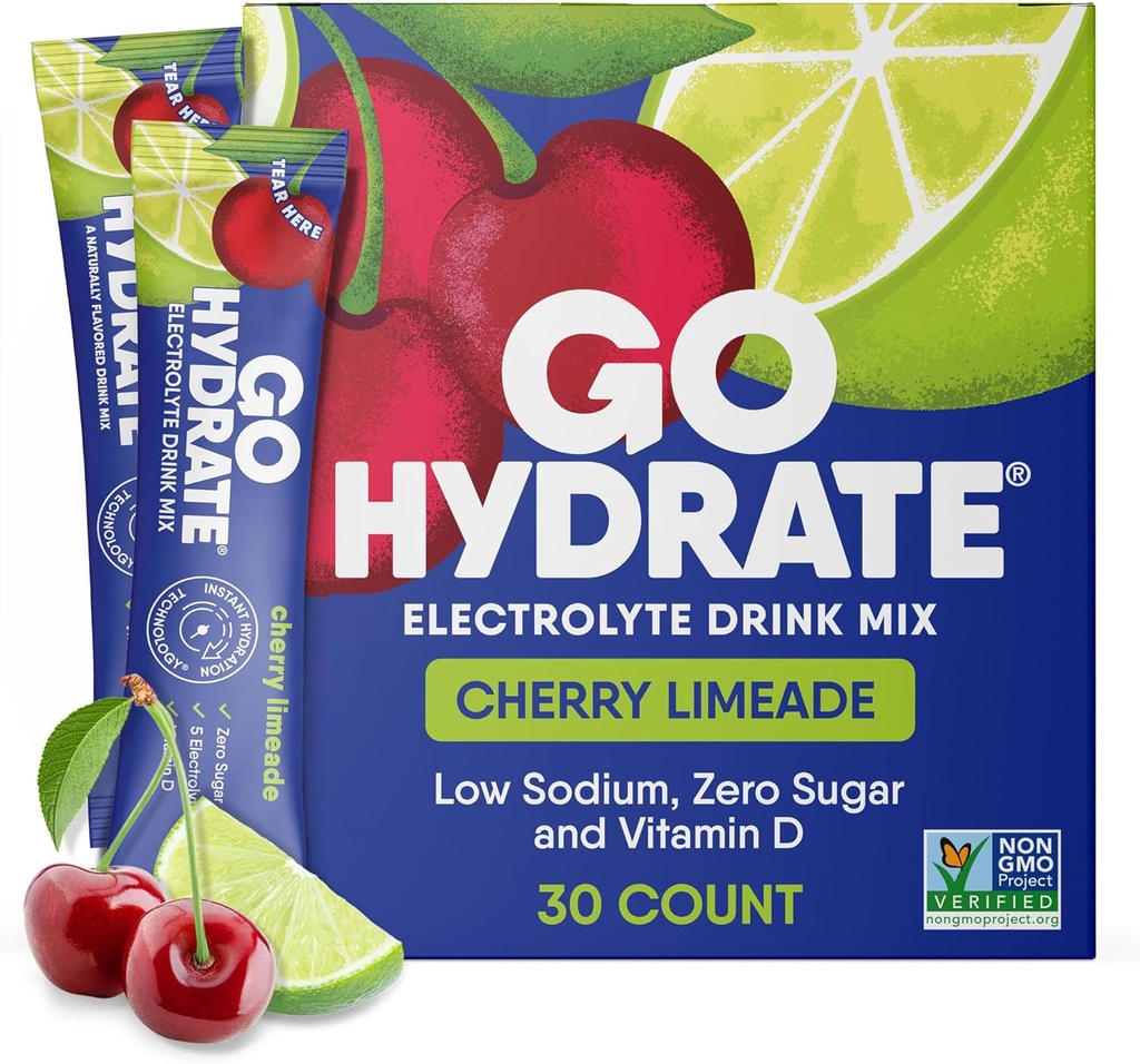 GoHydrate Nizki natrijevi elektroliti v prahu Packets Sugar Free - Instant Hydration Daily Drink Mix - Zero Sugar Water Flavor Packet Samci z vitaminom D - (Cherry Limeade, 30 pakiranj)