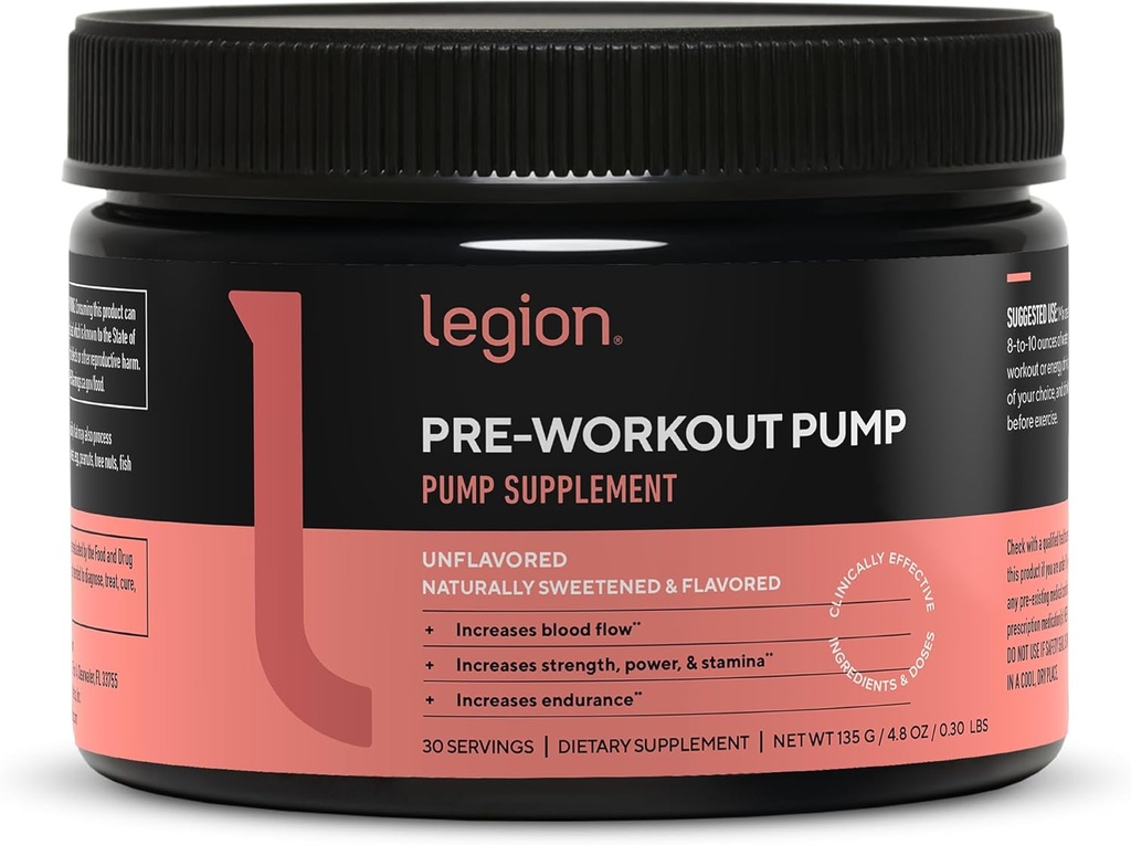 LEGION Pre Workout Pump - Arginin dopolnilo poveča proizvodnjo dušikovega oksida - Dutric Oxide Booster pomaga povečati moč in Stamina, spodbuja izboljšano mišično učinkovitost (nearomatizirana, 30 Serving)