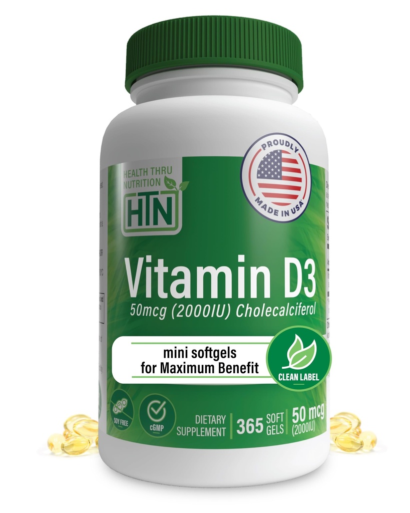 Zdravje Thru Nutrition Vitamin D3 2000iu 365 Mini softgels za največje koristi  Stopnja EVOO 