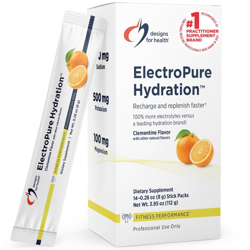 Designs for Health ElectroPure Hydration Packets, Clementine Flavor - Elektroliti v prahu z vitaminom C, magnezij, cink in kalij - s Stevia in Monk Sadno sladilo (14 Packets)