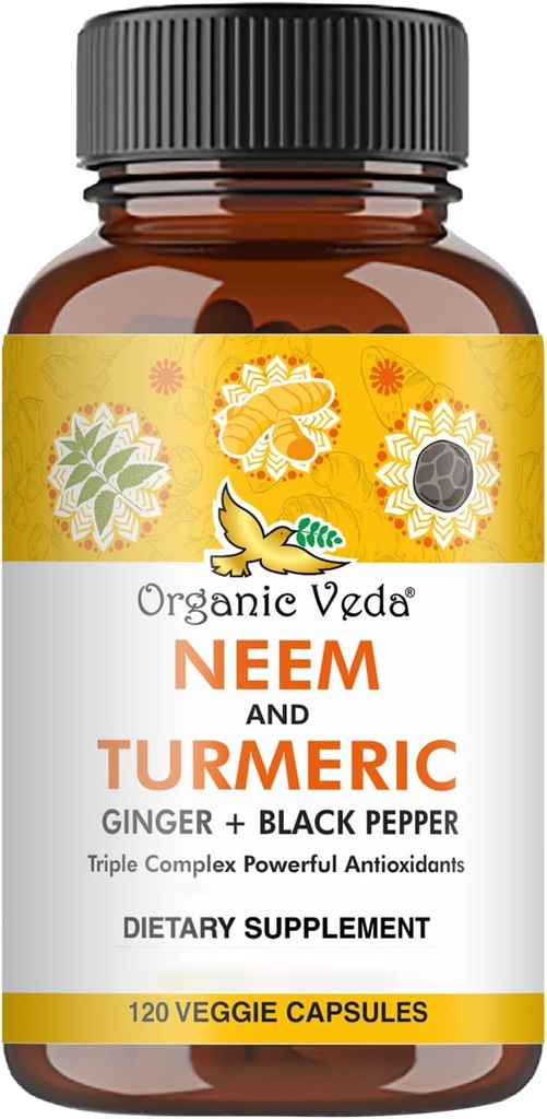 Organske Veda Neem & Kurkuma Kapsule z ingverjem in črnim poprom - Neem Leaf, Kurkuma, Ingver, Črna Poper Kapsula dodatek - Vegan, Non-GMO - 120 Count