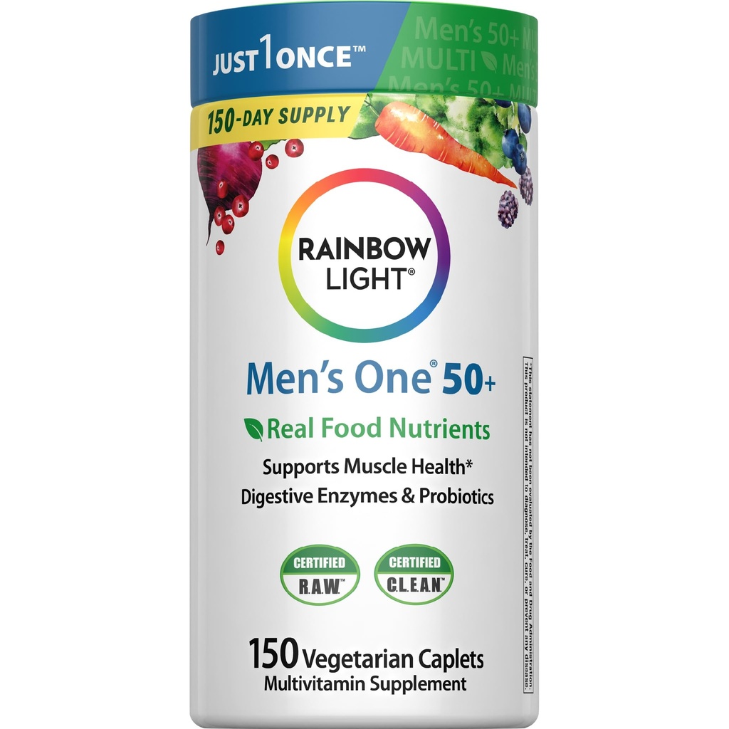 Mavrična svetloba Multivitamin za moške 50+, vitamin C, D in cink, probiotiki, moški One 50+ Multivitamin zagotavlja visoko odpornost imunske podpore, Non-GMO, Vegetarian, 150 tablet