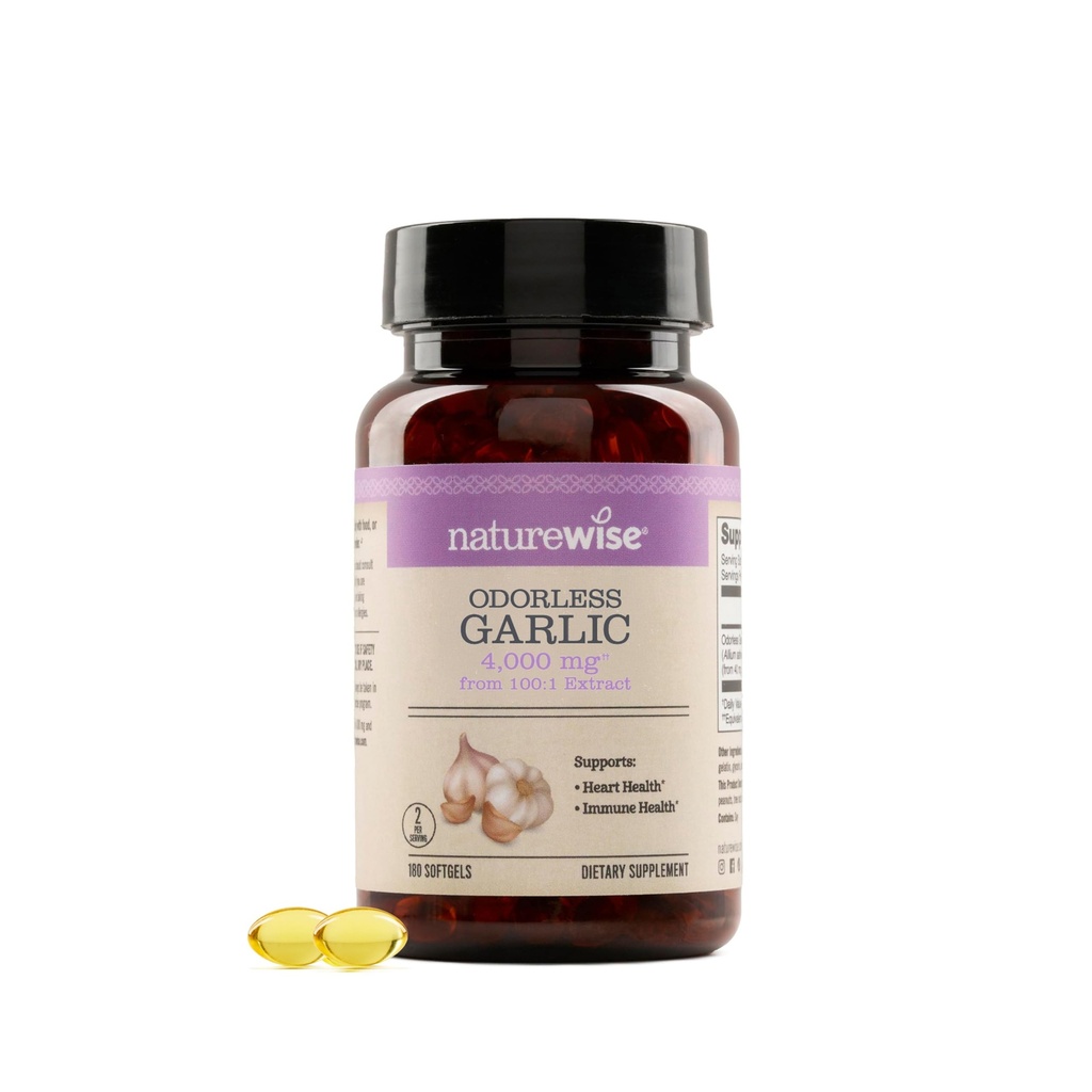 NatureWise Obdorless Česen Dodatek 4000mg - Ultra Potent 100:1 Extract - Zdrav holesterol Formula, Heart Health Support - Non-GMO, Gluten Free, s halal želatina - 180 Count[90-Day Supply]