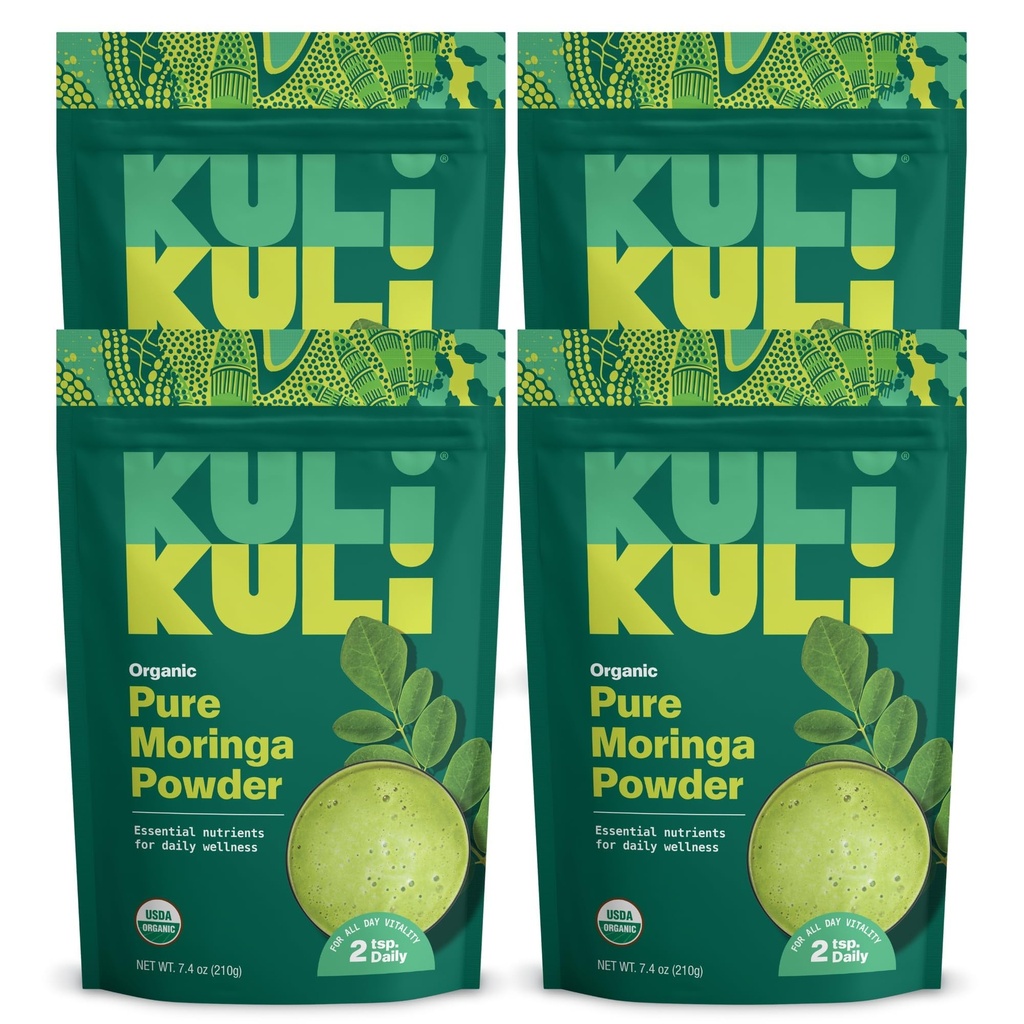 Kuli Kuli Moringa Oleifera Organic Leaf Powder & Green Smoothie, 100% Pure USDA Certified & Non-GMO Moringa Powder, Super z napitki, čaj, in hrana, 4 pakiranje