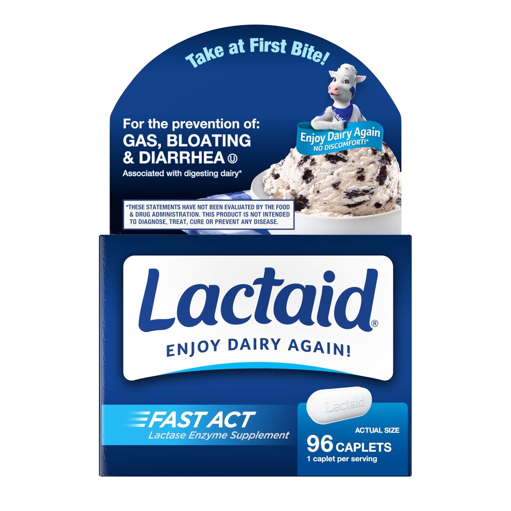 Laktaid Fast Act Laktoza Intolerance Kaplete z encimom laktaze, Mlečni nadomestek iz plina, napenjanje in driska, 9000 FCC Laktoza Intolerance tablete, 96 Posamezne potovalne pakete (96 x 1 ct)