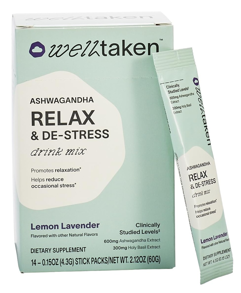 Ashwagandha Relax & De-Stresh Powder - Lemon Lavender 14ct Box - 600mg Ashwagandha, 200mg L-Theanine, Sveti Bazilij – podpira stres, sprostitev – Vegan, brez dodanega sladkorja - 14 Servisi