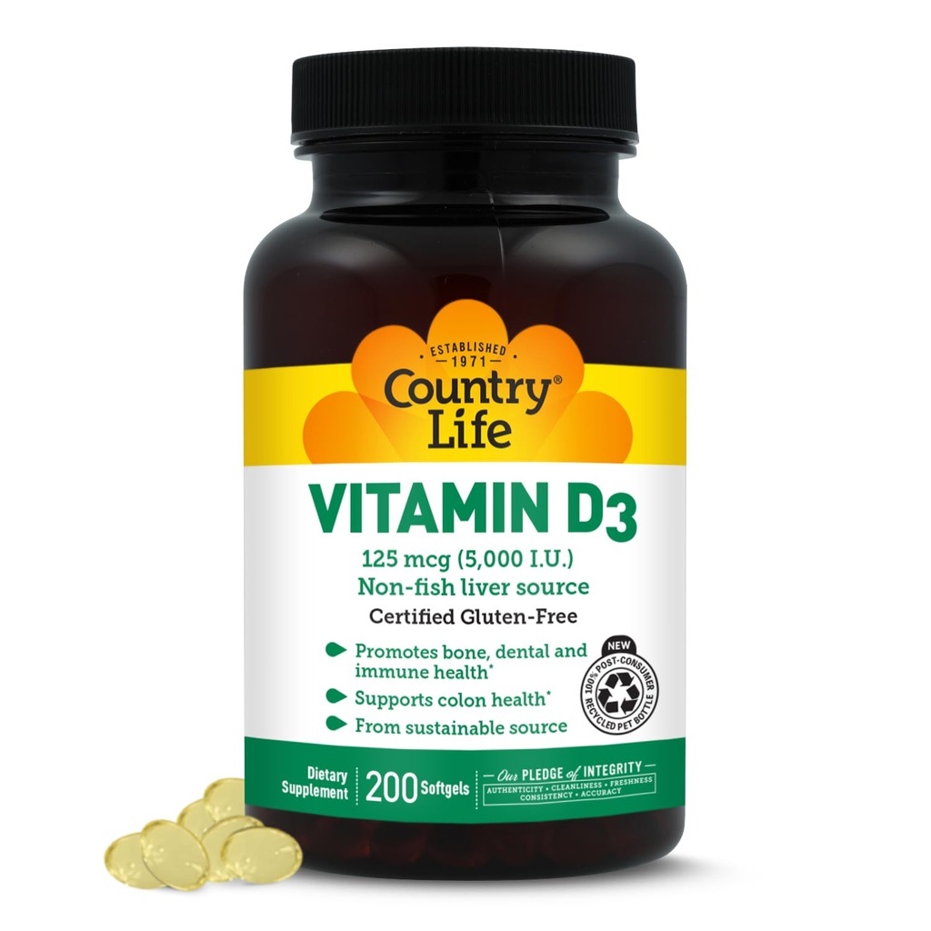 Country Life Vitamin D3 5000 i.e. za imuno zdravje in zdravje kosti, kalcijevo absorpcijo in zdravje kolonij – trajnostni vir iz lanolina, na voljo v različnih jakostih