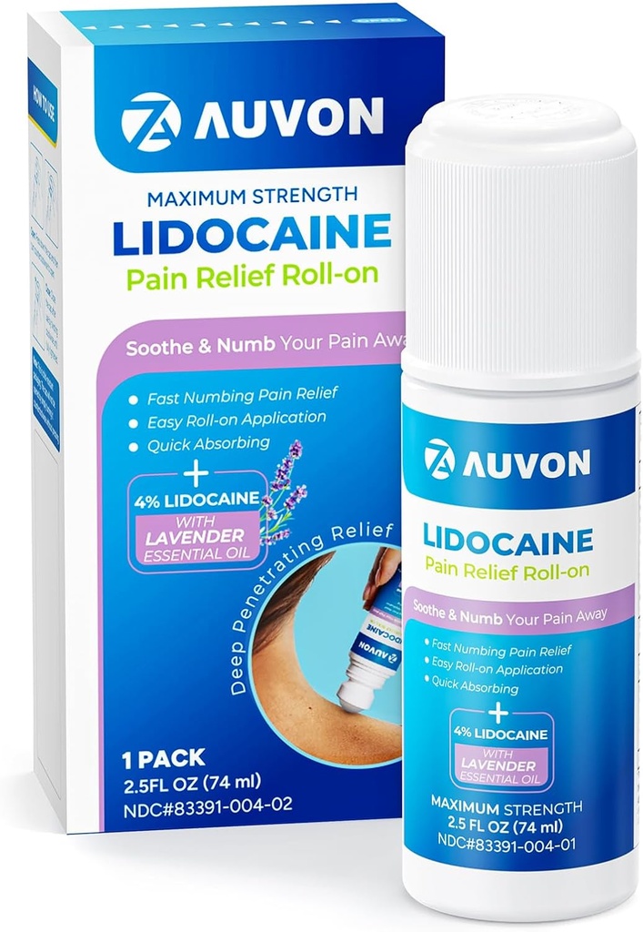 AUVON Lidokain Roll-on z eteričnim oljem, brez aparata za mess, Max moč lidokain, Hitro absorbiranje Numb & Soothe Pain Relief za kolena, ramena, FSA/HSA upravičen, sivkender, 2,5 OZ, 1 pakiranje