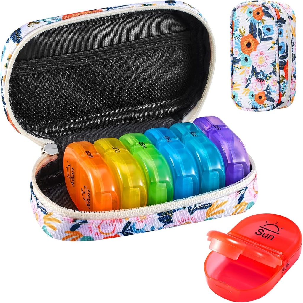 Serfeymi Tedenska potovalna tabletka Organizator 2 krat na dan AM PM Nadgrajena Mavrične tablete Box 7 dan s prenosljivim Zipper Canvas primera, Medicine Organizator za tablete, Vitamini, Ribja olja - Bloom 01