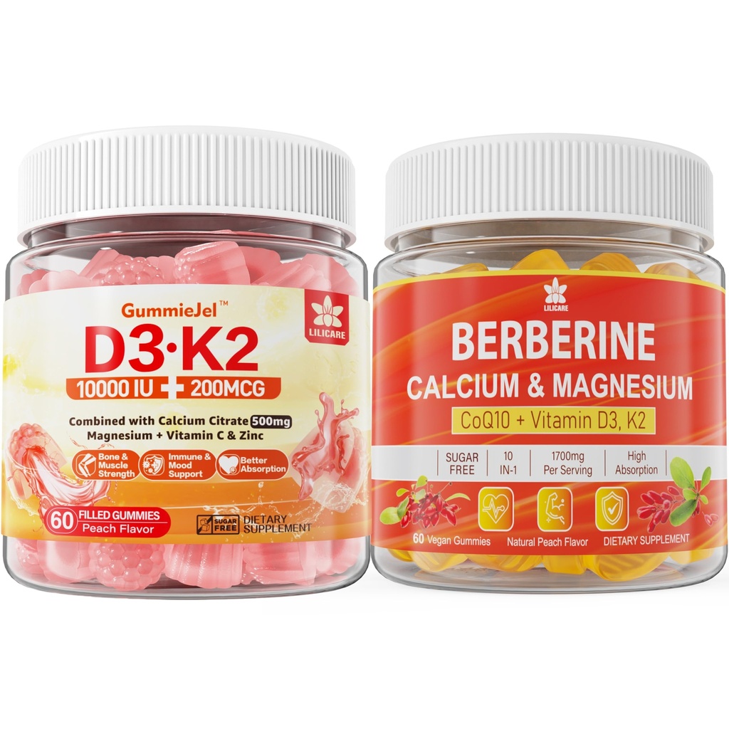 Brez sladkorja Vitamin D3 K2 Gumiji s kalcijevim, magnezijevim citratom, vitamin C + berberinski dodatek Gumiji, z liposomskim berberinom in berberinskim HCI, kalcij, magnezij