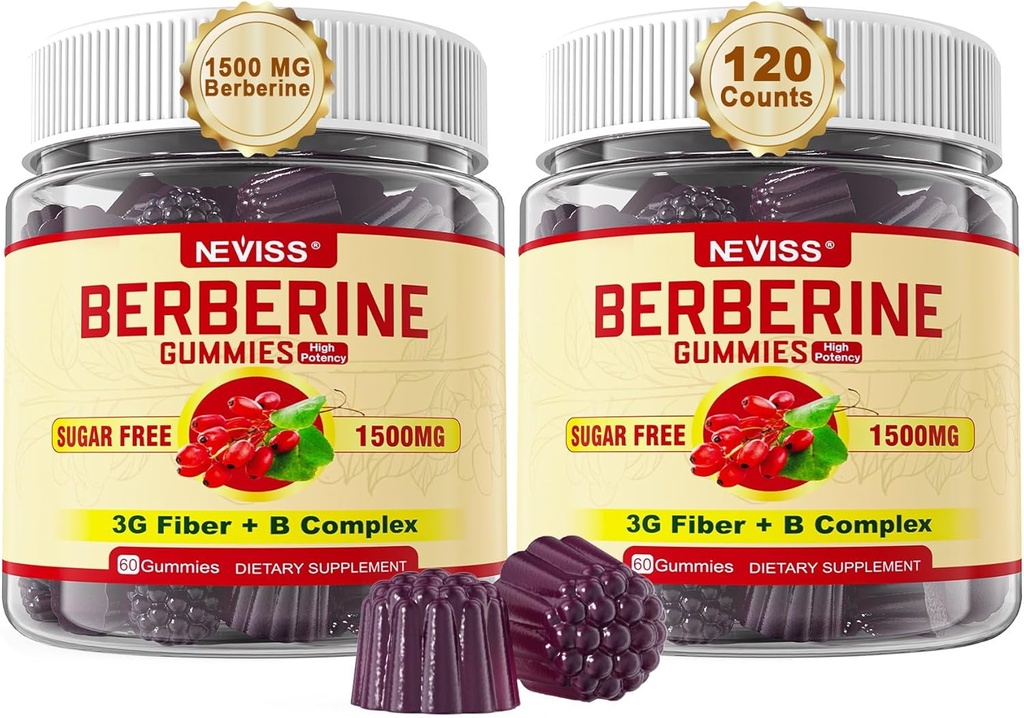 NEVISS Berberine Dodatek 1500mg, AMPK Activator s 3G Prebiotic Fiber, B1 B3 B6, Sladkor brez Berberine HCL Gumies za ženske in moške - podpira imunski sistem, Prebavne, 2pack 120 Cts