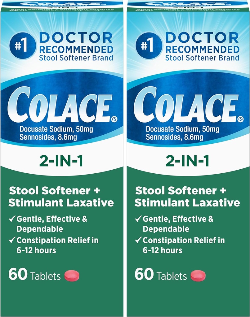Colace 2-v-1 Stool Softener Plus Stimulant Laxative za nežno učinkovito zaprtje Relief, Docusate Natrij Plus Sennoside, 60 Število (Pack od 2)