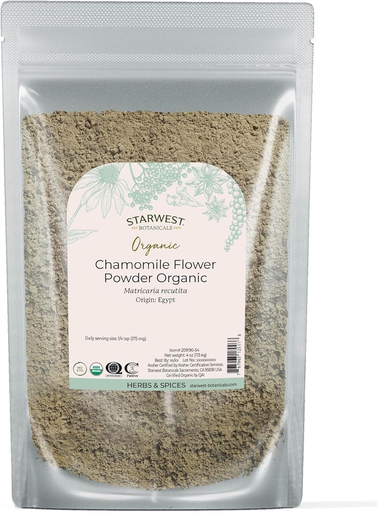 Starwest Botanicals Organic Kamilica cvet v prahu - Posušeno Loose List Herb za čaj, Zeliščni losjoni, & Pekanje, Izvir iz Egipta, Certified Kosher, Non-GMO - 4 oz Pouch