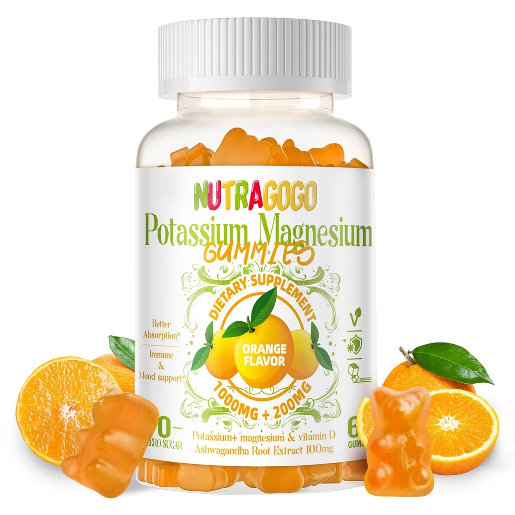 Kalijev Magnezij Gumies,Potassium dodatek w/Ashwagandha, Visoka absorpcija Magnezijev Glicinat,B6,D3,Potasijev citrat za zlome nog,Muscle,Electroyte za odrasle otroke,Sugar-free, 60 Gumies