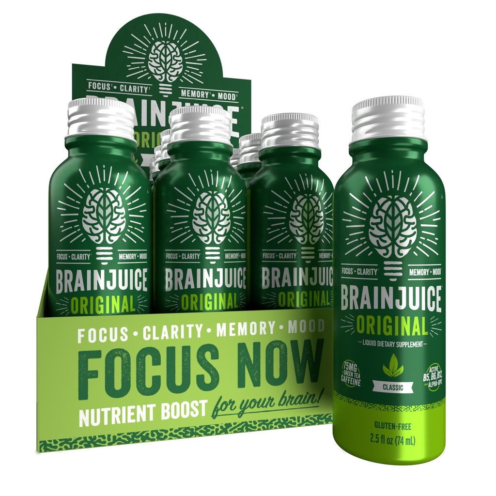 BrainJuice Focus & Energy Drink Shots, Nootropics with Alpha GPC, B Vitamini & Organic Green Tea Caffeine, Podpira fokus, Spomin in jasnost, Non-GMO, Gluten Free, Classic, 2,5 fl oz, 12 Pack