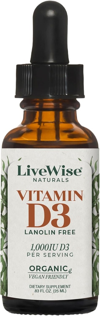 LiveWise Naturals Organic Vitamin D3 Tekoče kapljice, Vegan, Ne-GMO, Rastlinska osnova, 200 i.e. na kapljico, Podpira Imunsko zdravje, zdravje kosti in razpoloženja, Easy-to-Absorb, v MCT Oil 1000 i.e.