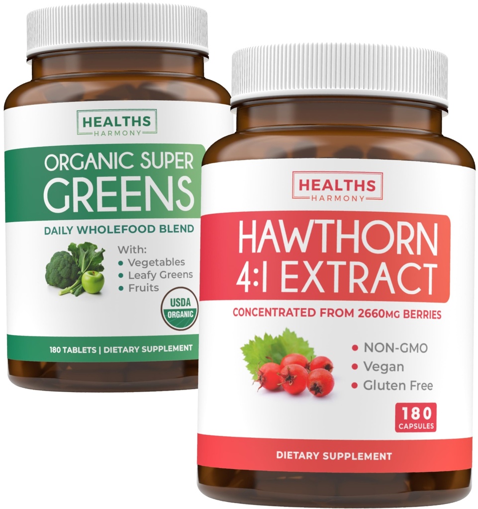 Super Greens & Hawthorn Extract (3-mesečna zaloga) Super Berry mešanica organskih Super Greends v prahu - Popolna Superfood & Hawthorn Berry 4:1 Extract - Ekstrakt visoke jakosti (180 kapsul)