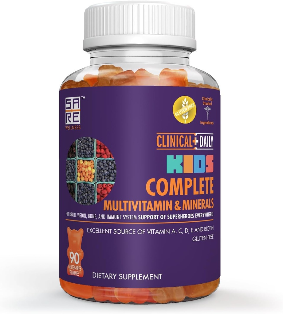 Klinični Daily Complete Kids Multivitaminski Daily Gummy dodatek za možgane, vid, kosti in imunskega zdravja. Vitamini A, C, E,D,B6,B12, Folat, Biotin, Eterični minerali. 90 brez glutena, njami