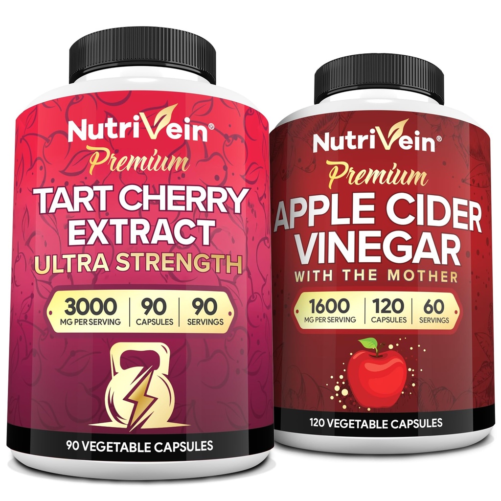 Nutrivein Premium Tart Cherry 500mg & Apple Cider Vinegar 1600mg Bundle - Muscle recovery & sečne kisline Cleanse Plus Podpora in upravljanje teže - Non-GMO, Vegan/Vegetarian - 90 + 120 tablet