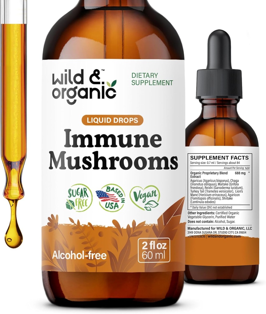 Divje in organske imunske gobe Tinktura - 8-v-1 goba kompleks s Chaga, Turčija rep, levja griva, Reishi ekstrakt - Imunska podpora kapljice - Vegan, sladkor in alkohol brez tekočine dodatek - 2 fl oz