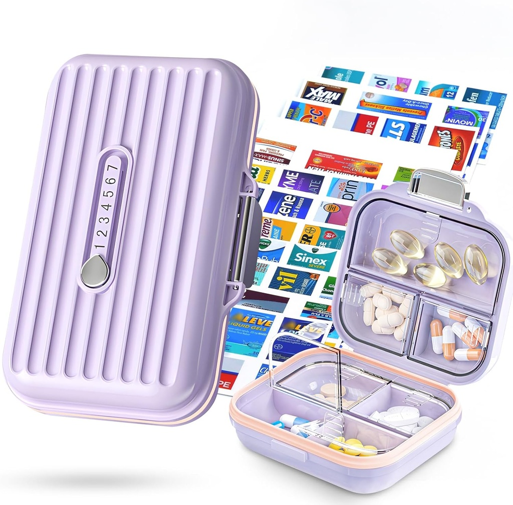 Potovalne tablete Organizator Box z medicinskimi nalepkami, 2Pack 7 Kompartmenti Prenosne tablete Primer, Daily Medicines Organizator Shranjevanje tablete Zabojnik za žepno lekarno (Purple, S+L 2pack)