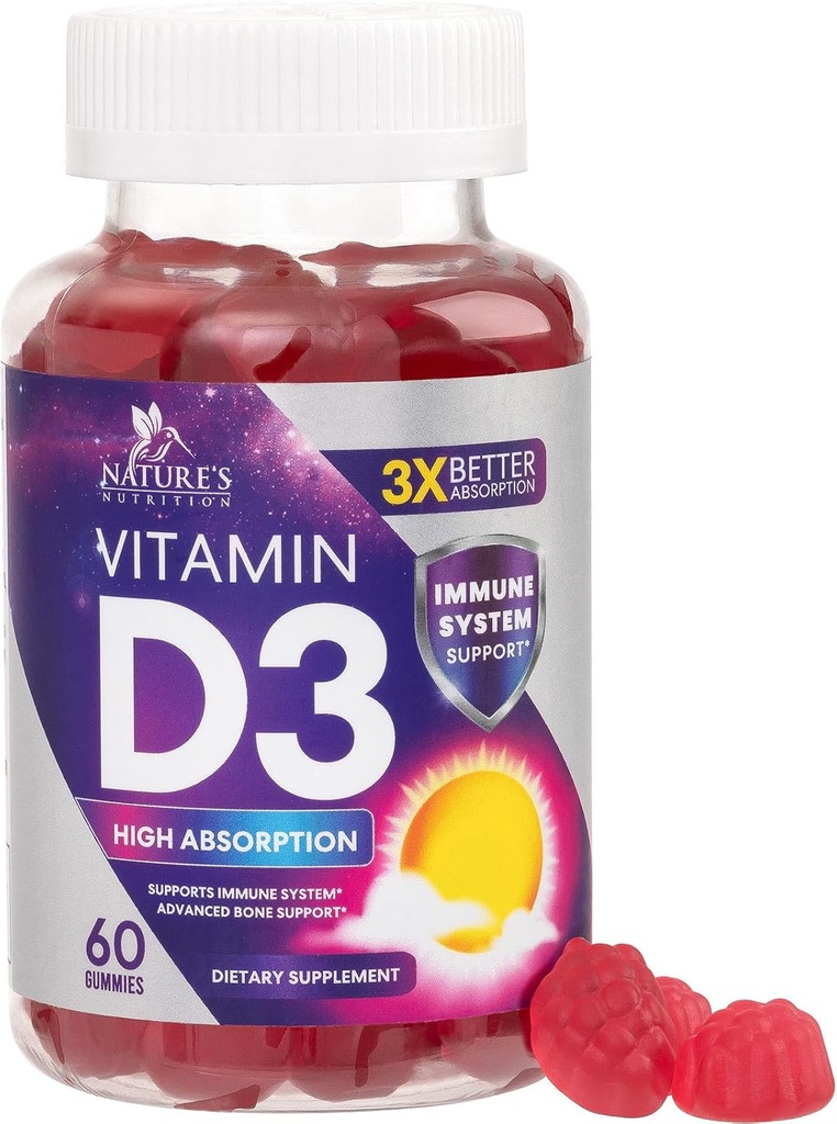 Vitamin D3 Gummy 5000 i.e. (125 μg) - prehranski vitamini D dodatek za ženske in moške - kost, zobje, mišična in imunska zdravstvena podpora, visoka jakost VIT D3 Brez GMO in glutena - 60 Gumijev
