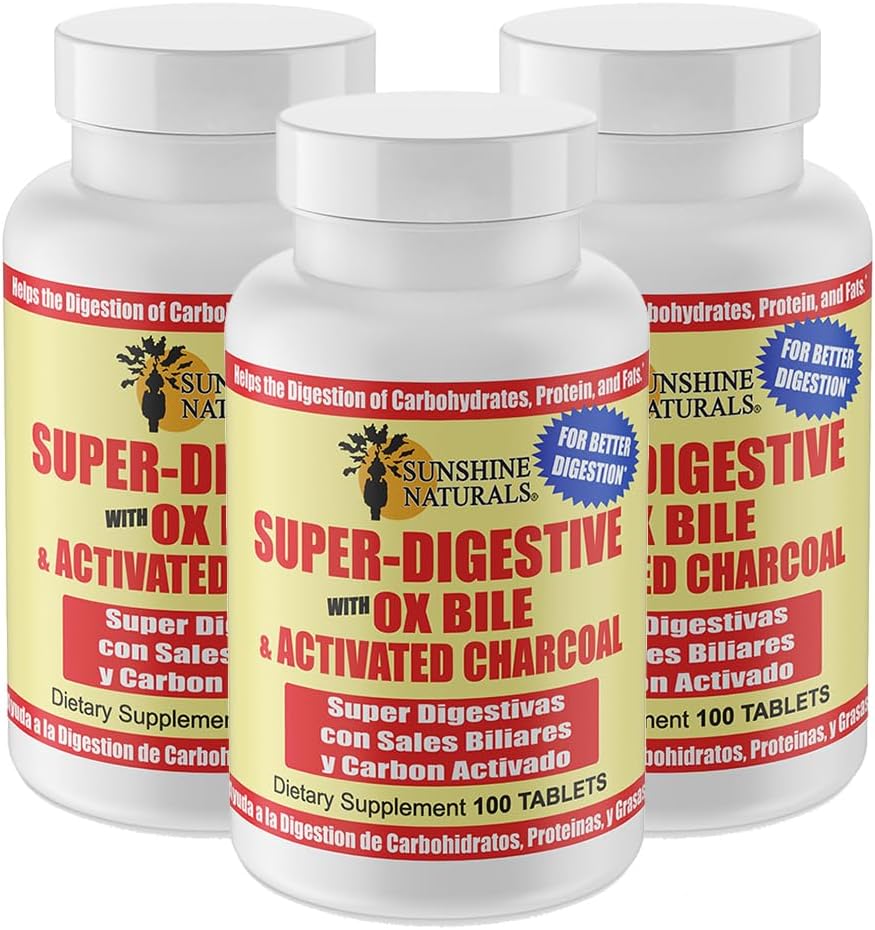 Sunshine Naturals Super Prebavni dodatek. Ox Bile & Aktiviran Charcoal za digestivno podporo, Bloating Relief, Gut čiščenje, Absorpcija hranil in splošno Wellness. 100 tablet. Pakiranje po 3