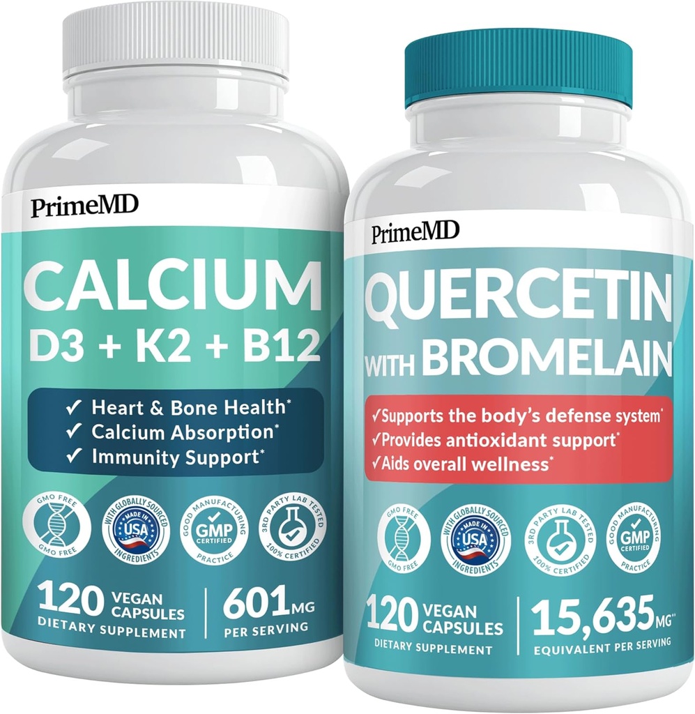 PrimeMD 4- v-1 Kalcijevi dodatki za ženske in moške ali srce, obrambo kosti in telesa (120 ct) in 28- v-1 Quercetin z Bromelainskim dodatkom - Quercetin 500 mg Kapsule za podporo imunske zaščite (120 ct)