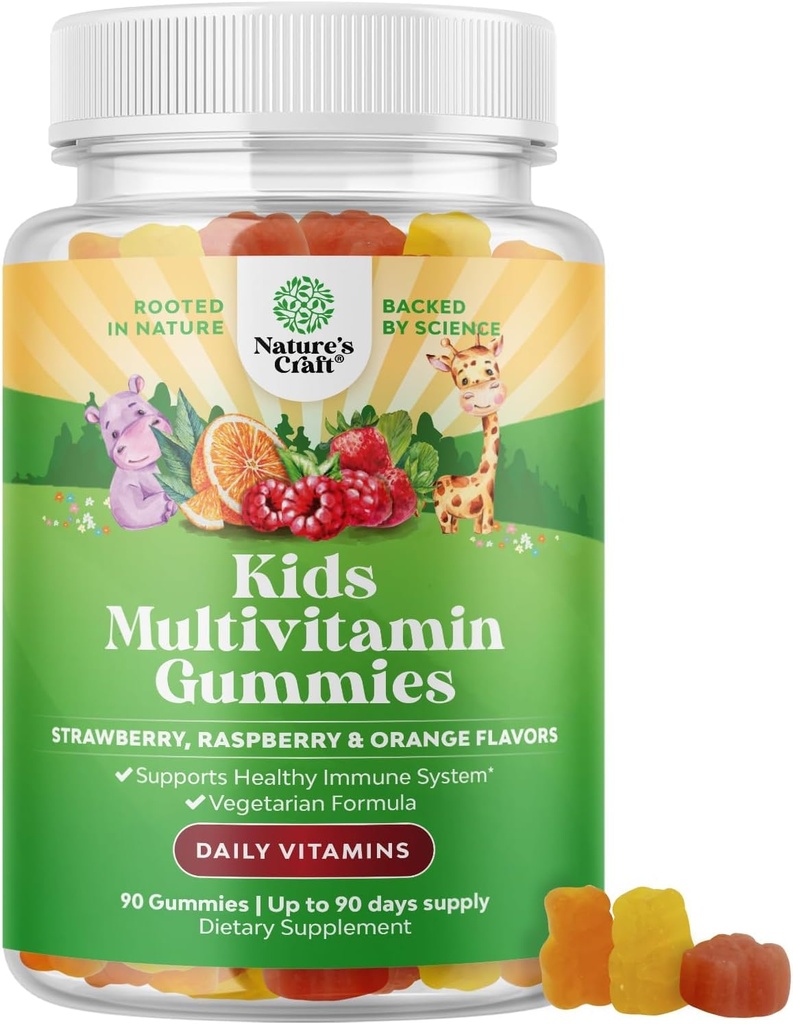 Rastlinski otroci Multivitaminski gumiji - multivitaminski za otroke Imunska podpora z vitamini A, C, D3, E, B6 & B12, cink & jod - otroški vitamini Žvečljiva formula za močno zdravje - 90 Count