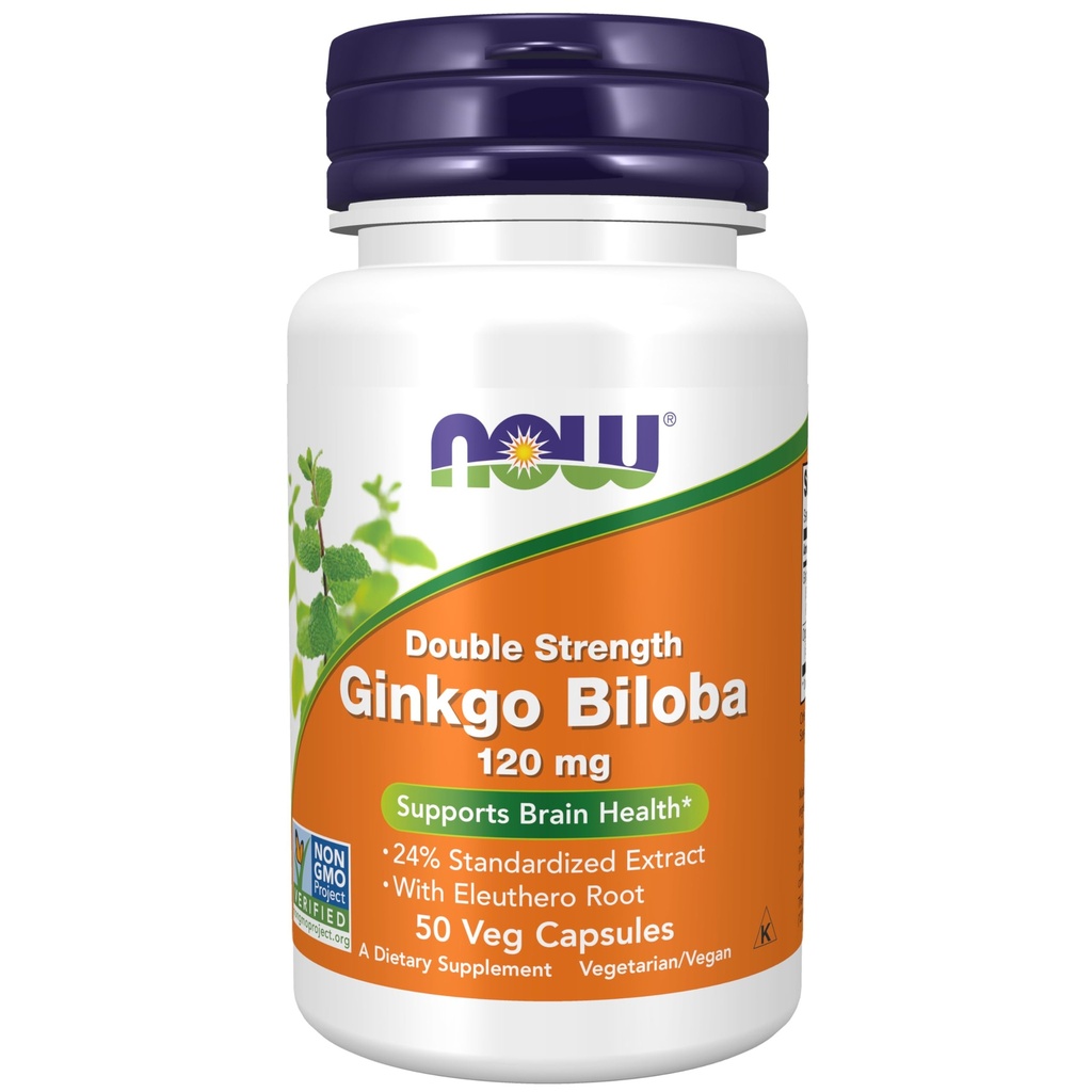 NOW Foods Supplements, Ginkgo Biloba 120 mg, dvojna moč, ne-GMO projekt preverjen, 50 Veg kapsule