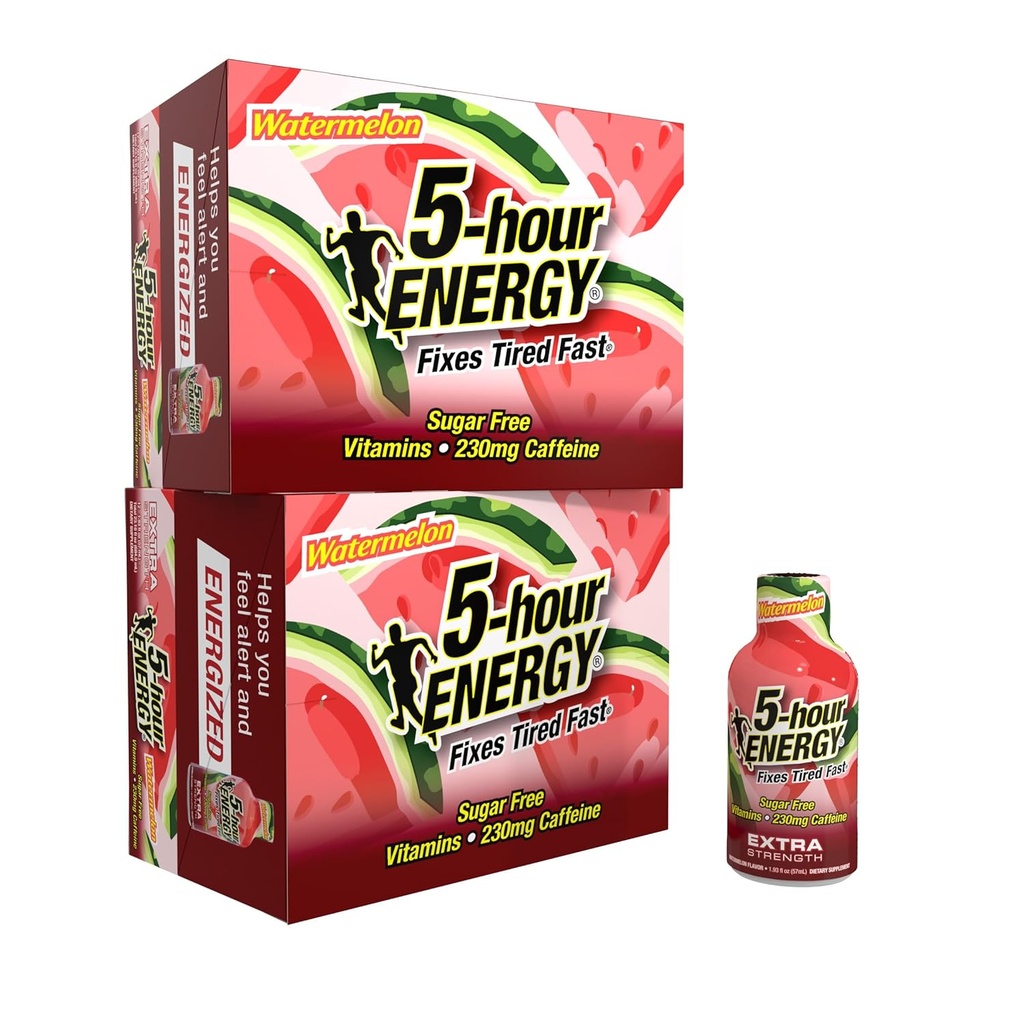 5-urni energijski Shot z dodatno močjo ENERGY, okus lubenice (1.93 oz. - 24 štev.) brez sladkorja in nič kalorij, B-vitaminov in aminokislin, 230mg kofeinske energije Shot, prehranska dopolnila