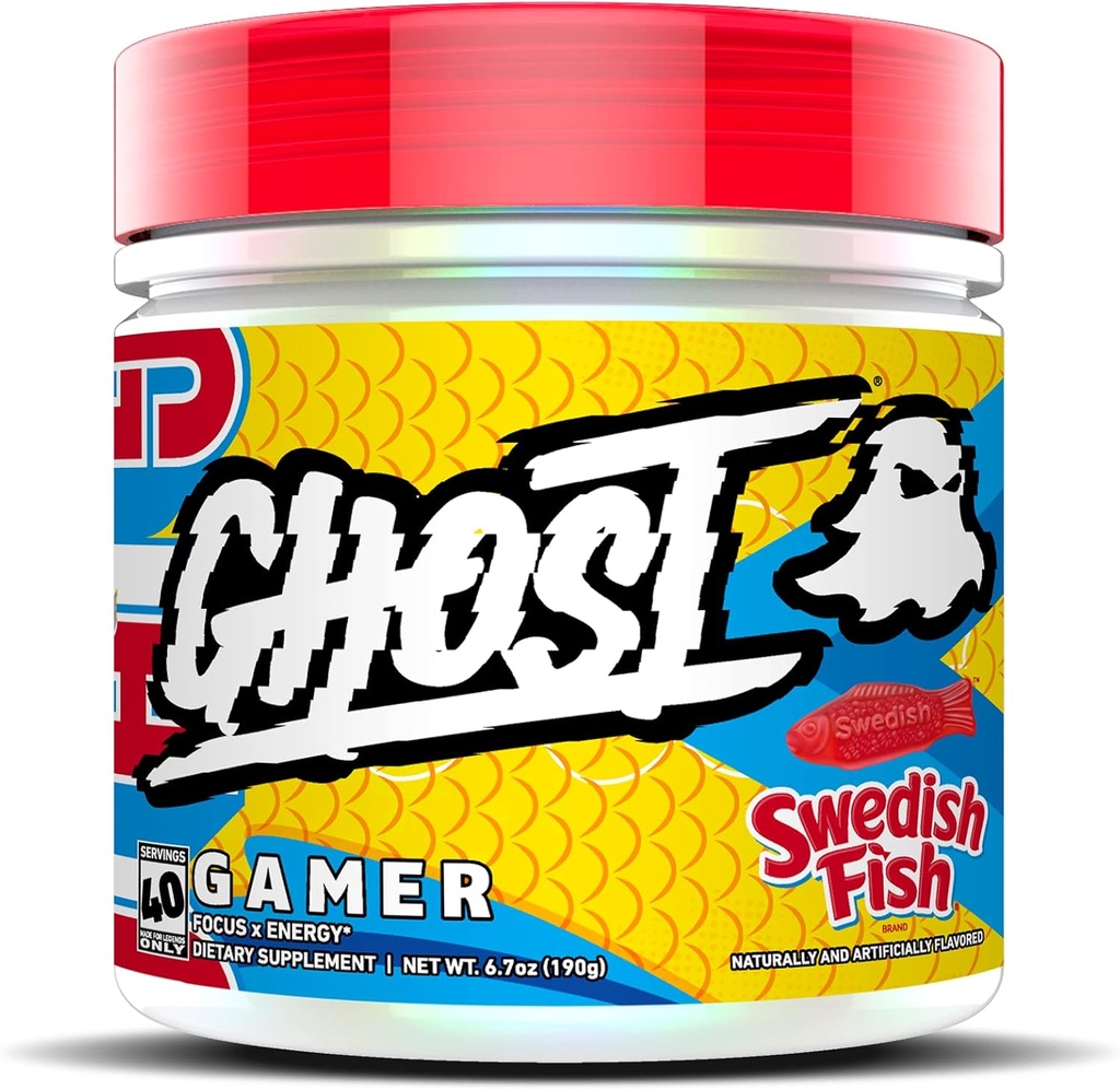 GHOST Gamer: Energy and Focus Support Formula - 40 Servings, Swedish Fish - Nootropics & Natural Caffeine za pozornost, Natančnost in odzivni čas - Vegan, Gluten-free