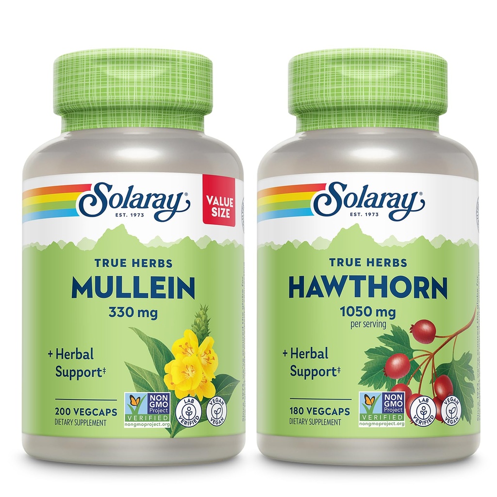 Solarnay Mullein Leaf 330 mg in Hawthorn Berry kapsule 1050 mg - Pomirjujoča zeliščna podpora paket za splošno zdravje in dobro počutje - Vegan, Non-GMO, 60-dnevno jamstvo, Lab Verified, 200/180 VegCaps