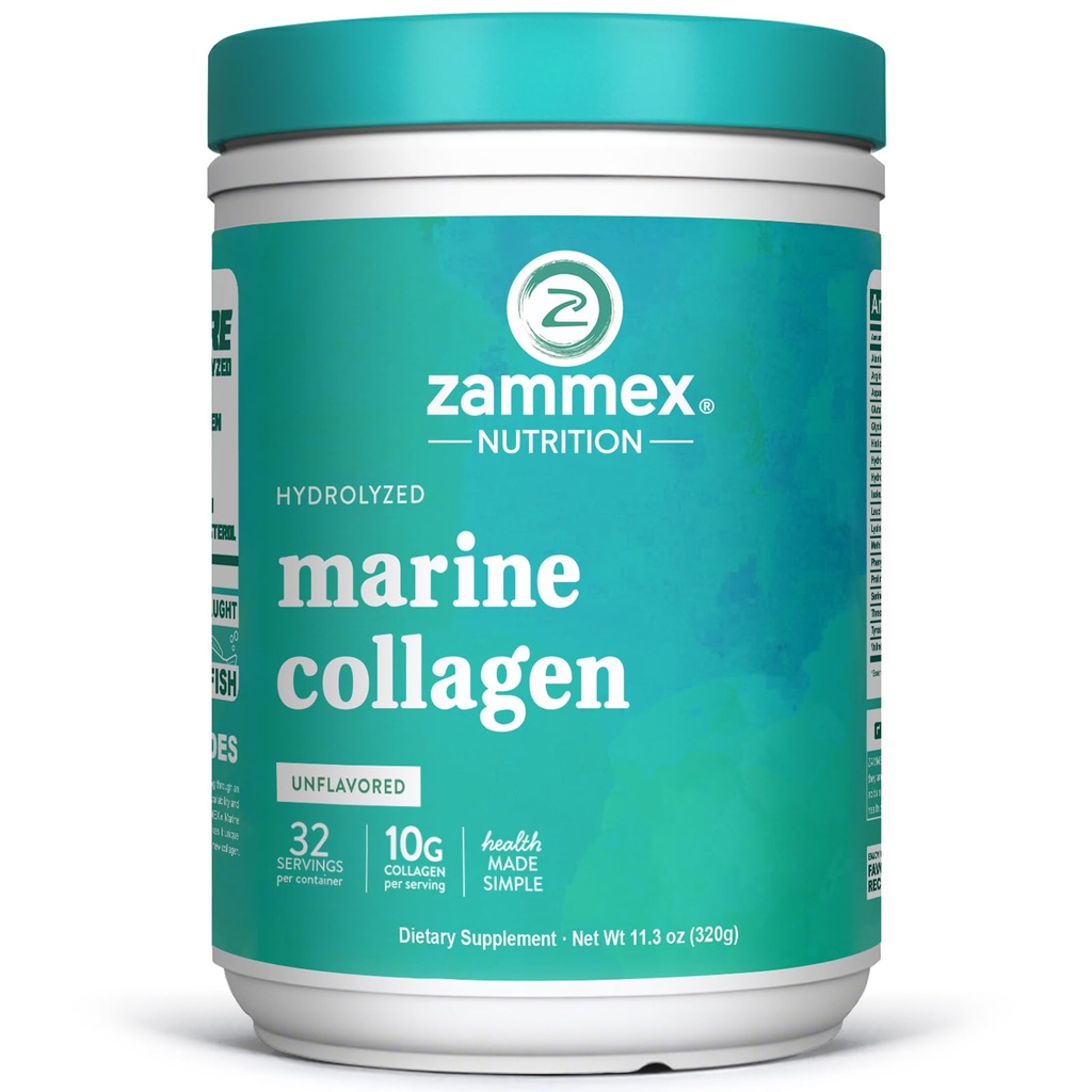 Zammex Marine Collagen Peptides Powder Unflavored, Wild-Caught Fish Collagen Powder, Supports Healthy Skin, Hair, Joints, Type 1 & 3 Collagen Supplement for Women - Easy to Mix. (32 Servings)