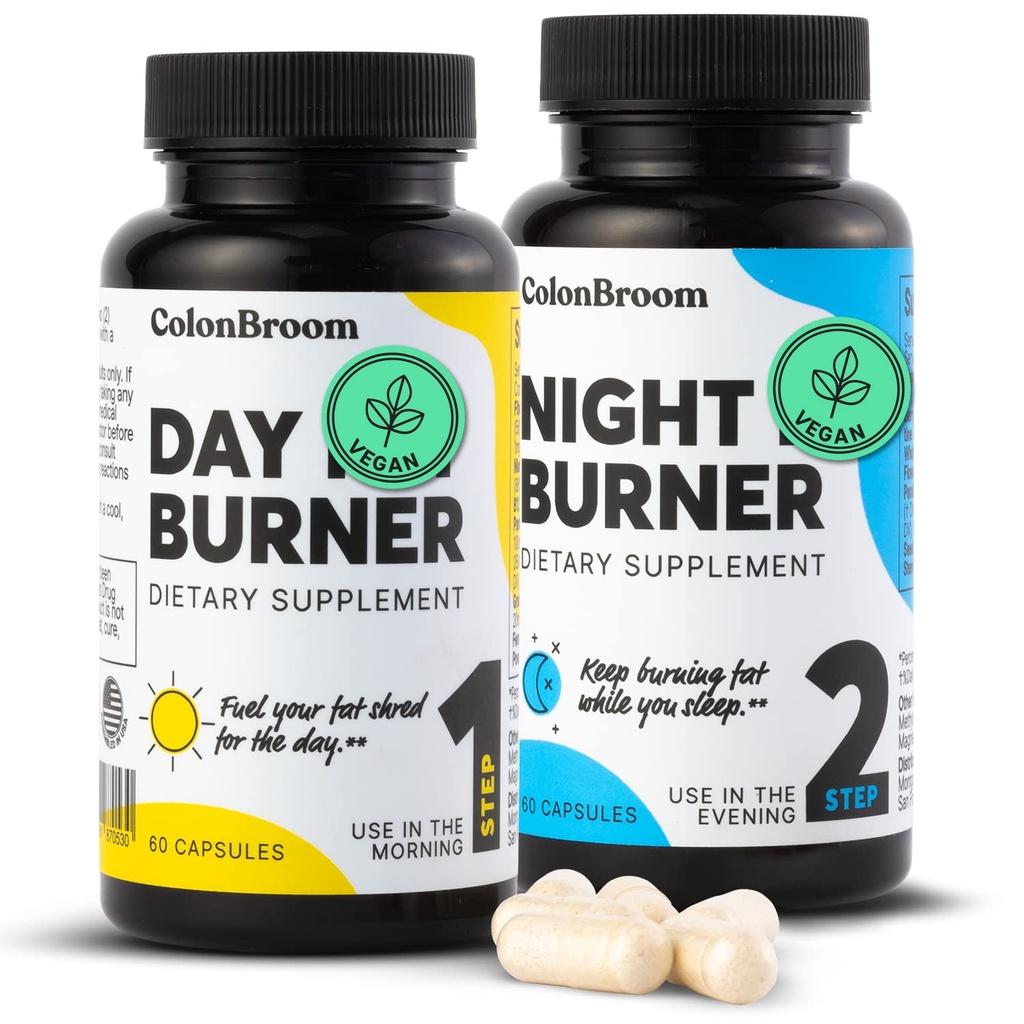 ColonBroom Day & Night Burner dodatki, tablete za ženske/moške z inulinom, L-karnitin, koencim Q 10, zrnje raja in več, Colon Broom 60 Veganske kapsule na zabojnik