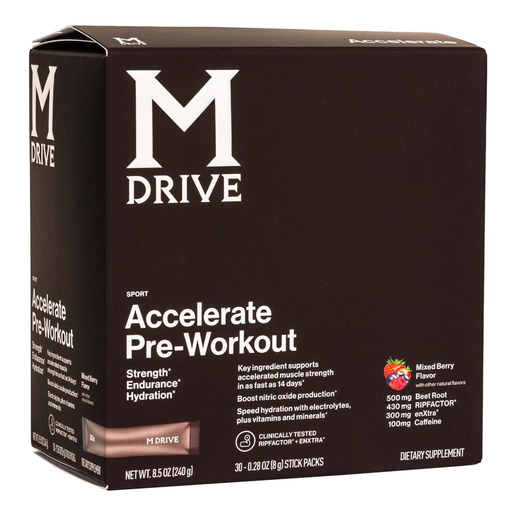 Pospešek Mdrive pred treningom v prahu, paketi za enkratno serviranje, mešano jagodičje, 30 števk (stimulant, mešano jagodičje)
