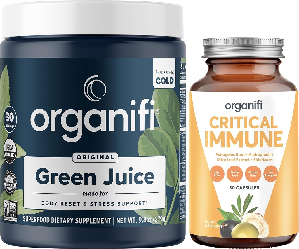 Organifi Green Juice Superfood Powder (30 strežnikov) in Kritični Imunski (30 kapsul) - Vitamin C, Nadzor telesne mase, Detox čiščenje, Stress Relief in Immuniteta podpora - Gluten Free, Vegan, Cela hrana