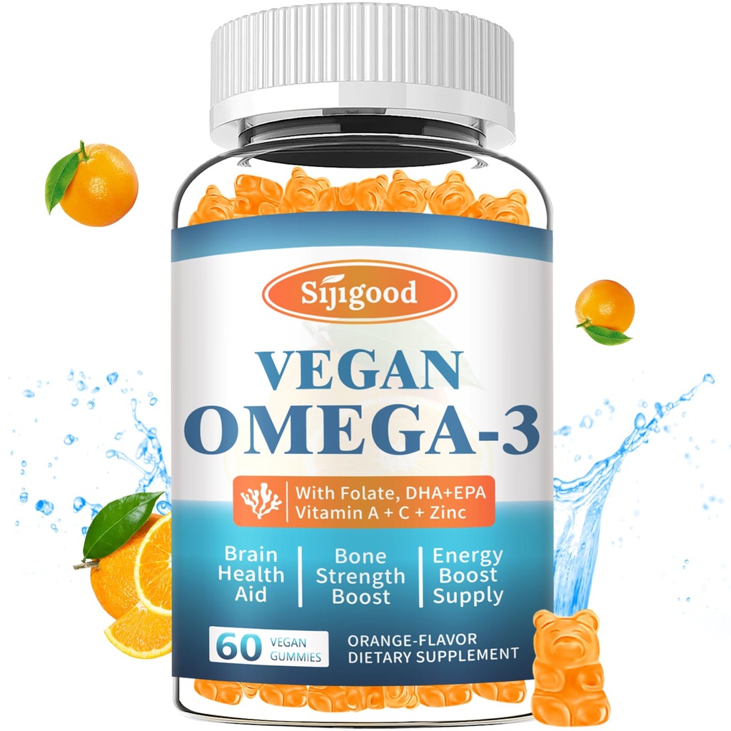 Omega-3 Gummies Potent Algae Omega Vir, Boost Brain, Eye & Immune Function, z DHA in EPA Vegan & Sugar Free, Orange Flavor, 60 Count