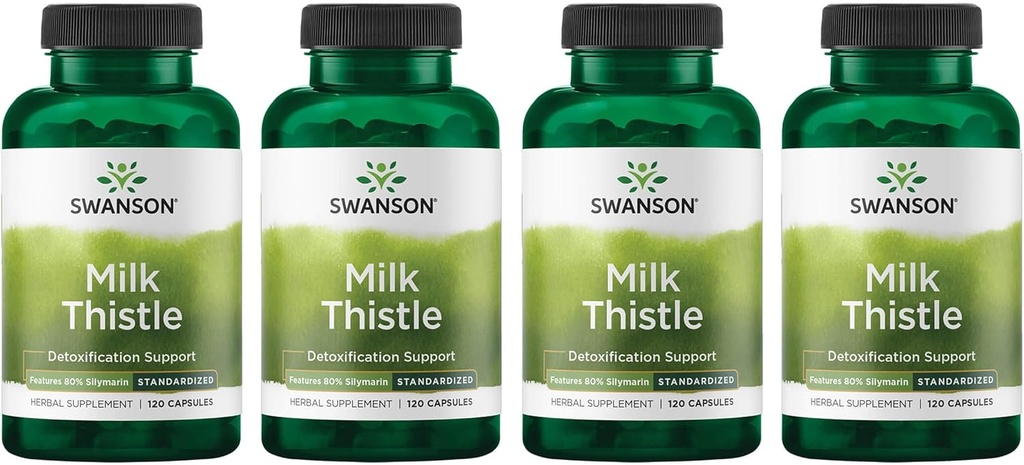Swanson Milk Thistle (standardizirana) - Zeliščna jetrna podpora dodatek w/ 80% Silymarin - naravna formula, ki pomaga ohraniti splošno zdravje in dobro počutje - (120 kapsul) (4 pakiranja)