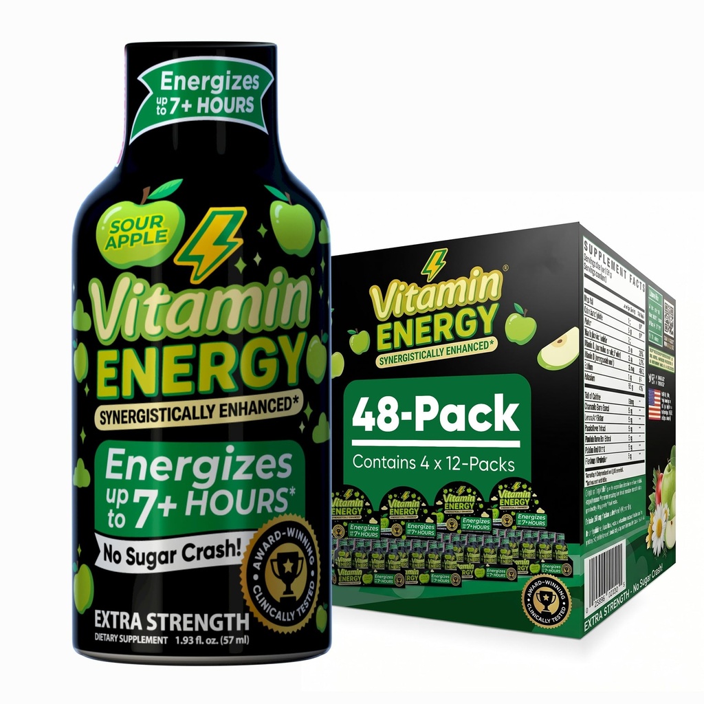Vitamin Energy Workout+ Ekstra moč Energija Shot Sour Apple 48 Pack, 260mg Naravni kofein, Pred-workout, B-Vitamini, Minerali, vzdržljivost in zmogljivost, Nič sladkorja, Gluten-free, Vegan, 1,93 fl oz