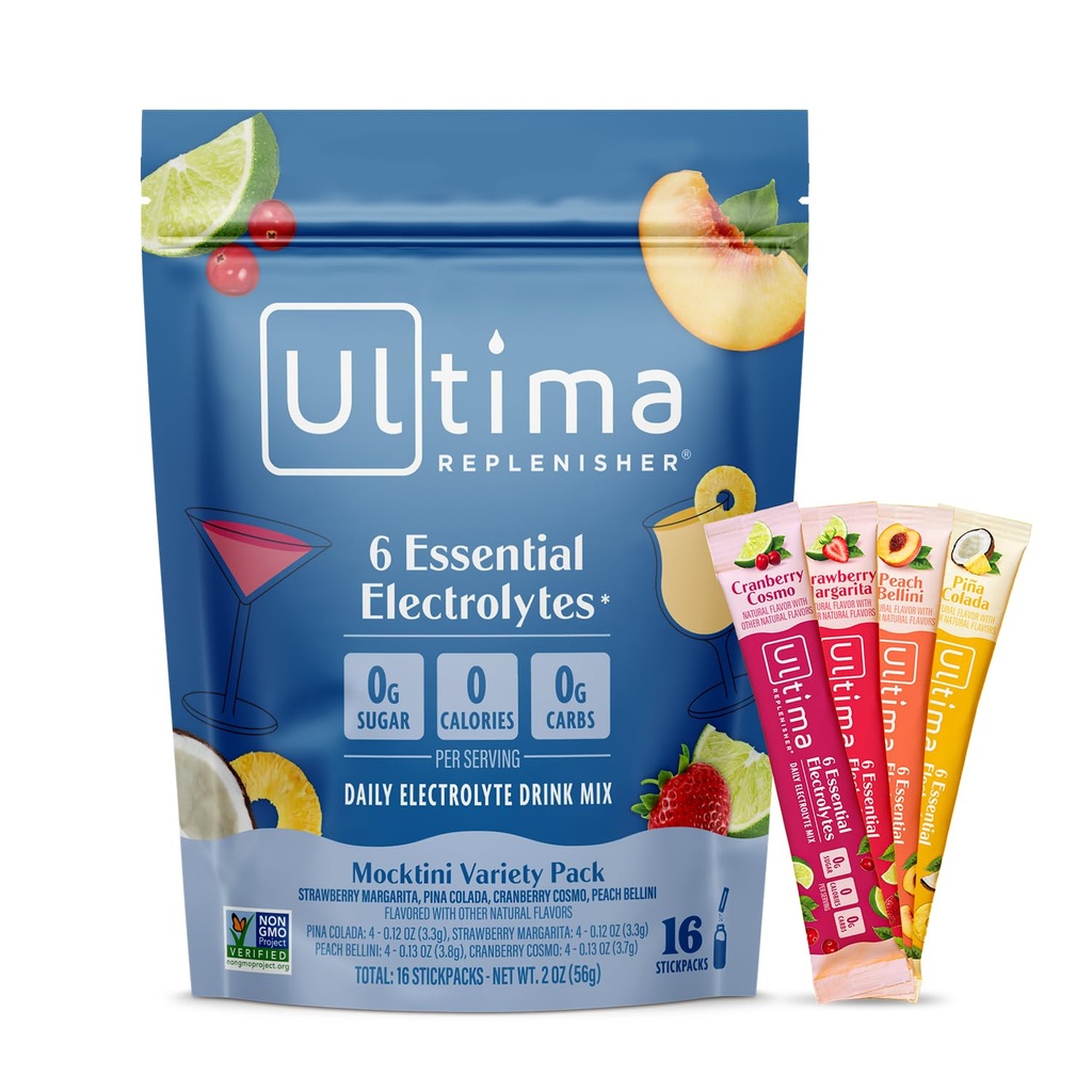 Ultima Replenisher Daily Electrolyte Powder Drink Mix – Sugar Free – Mocktini Variety, 16 Stickpacks – Hydration Packets s 6 Key Elektroliti in Trace Minerals – Keto prijazno, Non-GMO