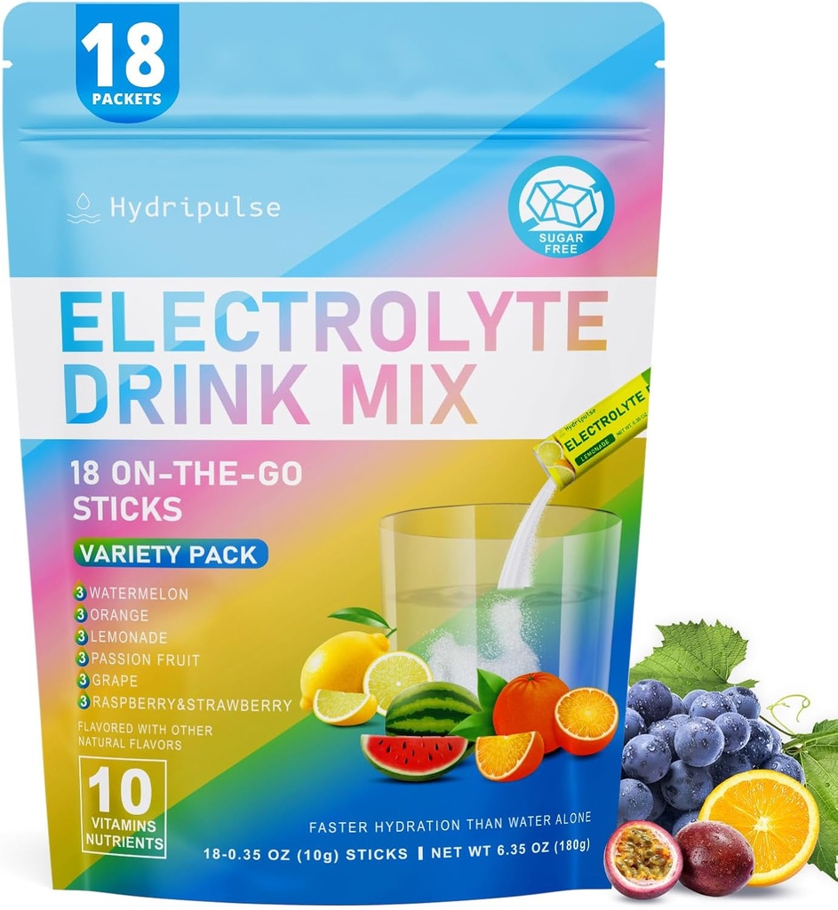 Elektrolitski paketi v prahu - brez sladkorja, naravno arome, 10 Elektrolitski in vitamini Elektrolitski pijača Mix - Variety Pack 6 Okusi, Keto prijazno, Vegan, Ne- GSO, 18 Paketi