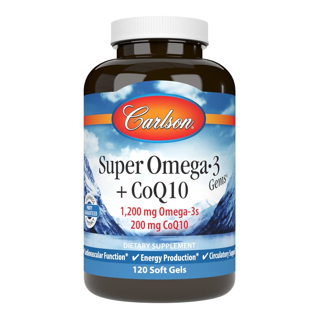 Carlson - Super Omega-3 Gems + CoQ10, 1200 mg Omega-3s 200 mg CoQ10, Cirkulacija Funkcija, proizvodnja energije in podpora za cirkulacijo, 120 Softgels
