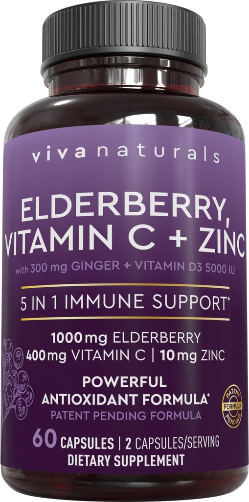 Naravna Viva Črna Bezgova jagoda z vitaminom C in cinkom za odrasle (60 jih je) - Sambucus Elderberry Imune Support, Črna Bezgove kapsule za odrasle, Bezgova jagoda dopolnila za ženske