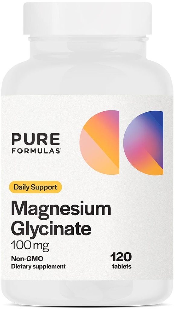 PureFormulas Magnezij Glicinat 100 mg Dnevna podpora za stres, živci, spanje, mišice, Presnova Čisti magnezijev glicinat Dopolnilo za ženske in moške Magnesio Non-GMO 120 Tablete