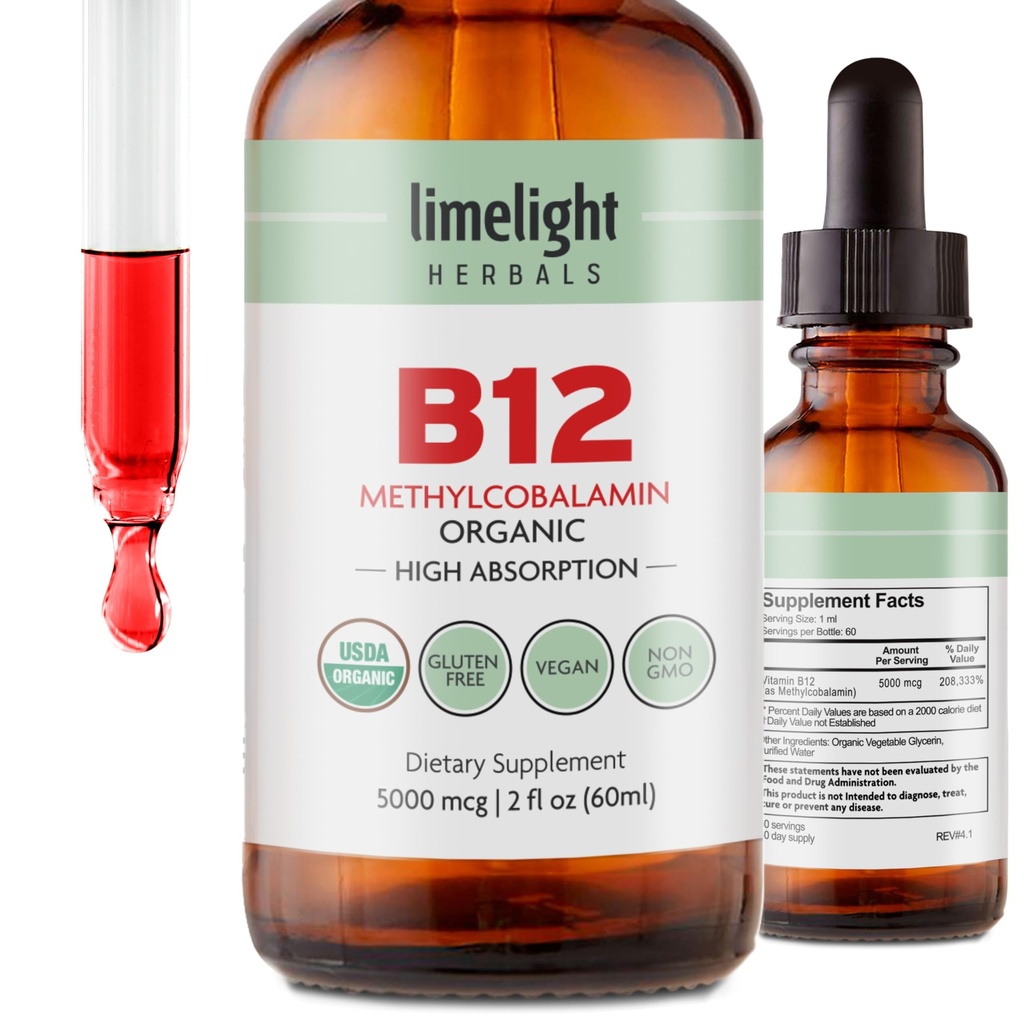 USDA Organski vitamin B12 Tekoče kapljice – 5000 mcg Metilkobalamin – Podjezični, hitro absorbirajoči Veganski dodatek – Energija, Presnova, Možgani, Srce in Imunska podpora – Brez alkohola, 60 Serving, ZDA Made