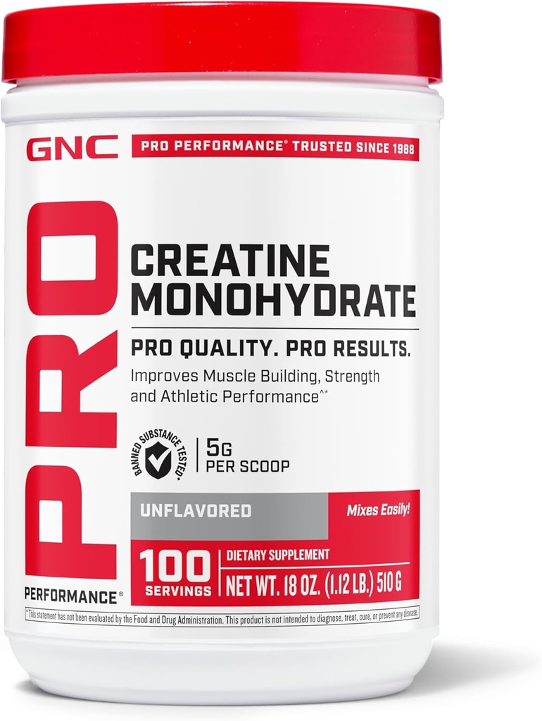 GNC Pro Performance Kreatin monohidrat v prahu za ženske in moške, 5g Kreatin na strežbo, izgradnjo mišic, proizvodnjo energije, vzdržljivost, zmogljivost, 100 Serving