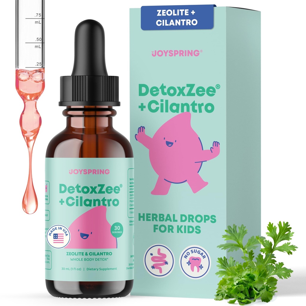 JoySpring DetoxZee Cilantro Kapljice za otroke - naravna podpora za razstrupljanje z Zeolitom in izvlečkom cilantro - nežna čistilna naprava za otroke in malčke - Kid-prijateljsko tekočinsko razstrupljanje, 30 strežnic