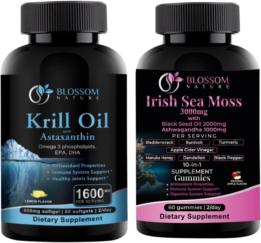 Antarktika Krill Oil 1600mg z Astaksantin 2mg in Irish Sea Moss Gummies 3000mg s črnim oljem semen in Ashwagandha 2000mg